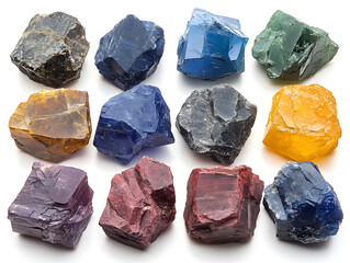 Fototapeta premium Colorful Selection of Natural Gemstones Arranged on a Slate Tray Indoors, Showcasing Vibrant Hues and Unique Shapes During Daylight