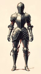 Fototapeta premium Medieval lady knight in heavy armor, battle-ready, symbolizing honor, resilience, and warrior legacy, ideal for epic adventure themes, artistic book style