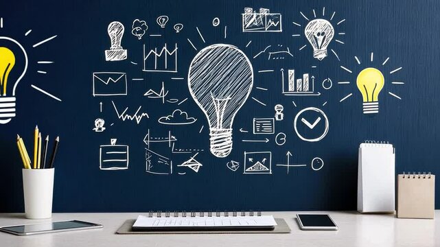 Creative workspace with light bulb graphics, charts, and sketches on blue wall, featuring desk items like notebooks, pens, and stationery for inspiration