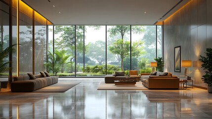 Corporate office lobby with high-end decor and modern seating 3D rendering