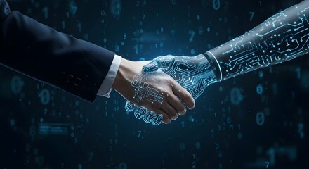 Un hombre de negocios y un robot se dan la mano para hablar sobre innovación tecnológica, avances en el aprendizaje automático y alianzas con la futura Inteligencia Artificial General.