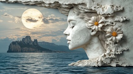 Serene Stone Sculpture of a Woman Gazing at the Moonlit Sea