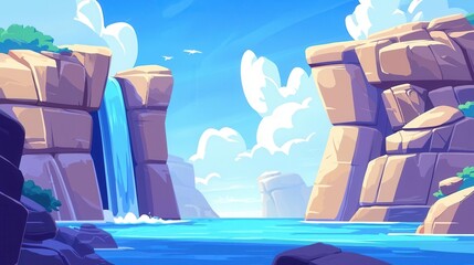 Fototapeta premium Serene Waterfall Landscape Tranquil Water Majestic Cliffs Blue Sky