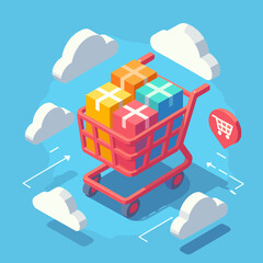 Shopping cart filled with colorful gift boxes and cloud icons on a bright blue background