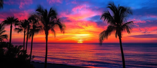 Obraz premium A Vibrant Coastal Sunset Illuminates Palm Trees And Calm Ocean Water