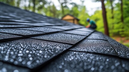 Close-up wet roof shingles, worker on roof in background