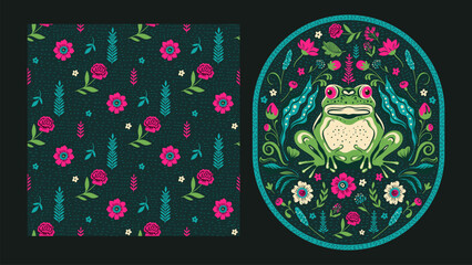 Vintage Boho Ethnic Frog Motif Card and Flower Seamless Pattern Set Ornamental Batik Swamp Bohemian Baroque Folk Art