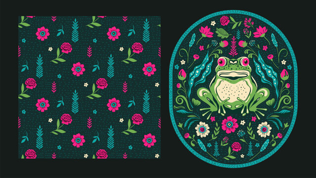 Vintage Boho Ethnic Frog Motif Card and Flower Seamless Pattern Set Ornamental Batik Swamp Bohemian Baroque Folk Art