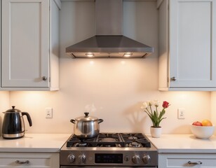 Clean Modern Kitchen with Professional Stainless Steel Appliances and Fresh Floral Accents