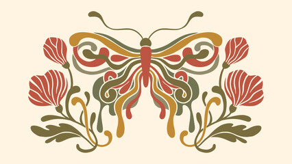Art Nouveau Butterfly Flower Vintage Ornament Vector Baroque Floral Motif Boho Bohemian Antique Ethnic Card