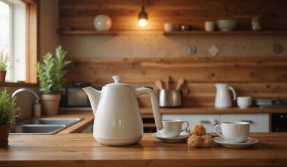 Obraz premium Elegant White Electric Kettle with Tea Service in Rustic Kitchen Setting