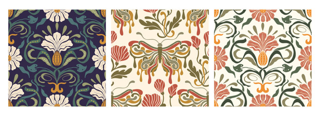 Art Nouveau Butterfly Flower Vintage Pattern Set Seamless Vector Background Antique Floral Motif Boho Bohemian Ethnic Ornament