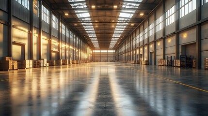 Modern warehouse with skylights and bright interior lighting 3D rendering