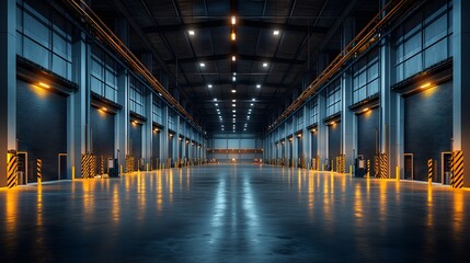 Naklejka premium Wide-angle view of an empty warehouse with large roller doors 3D rendering