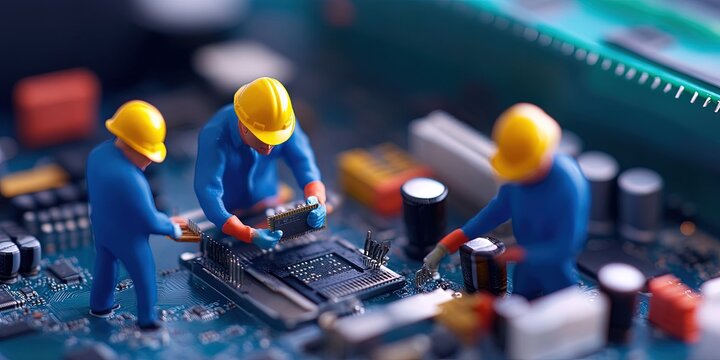 miniature Engineers in construction hard hats fixing giant computer motherboard and components 