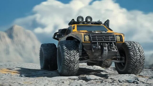 Yellow monster truck parked on a rocky hill. giving a tough and adventurous impression. Smooth repeating motion for background video animation.