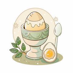 A playful illustrated egg in an egg cup with a spoon beside it, set against a soft pastel background, representing breakfast joy, culinary creativity, and family moments.