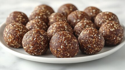 Coconut date energy balls on white plate, marble background, healthy snack