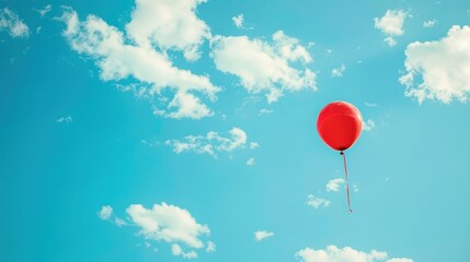 Fototapeta premium Red Balloon Floating Against Clear Blue Sky and White Clouds