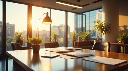 Fototapeta premium Golden Hour Office Workspace Sunlight Streams Through Large Windows Illuminating Desk With Documents Plants And Modern Chairs Creating A Serenely Productive Atmosphere