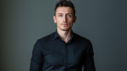 Obraz premium Confident Young Man in a Black Shirt Posing Against a Simple Background