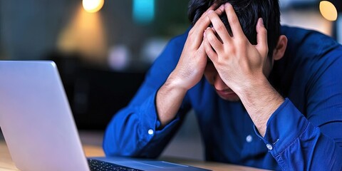 Obraz premium sad asian entrepreneur using laptop