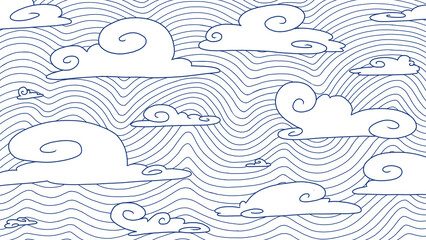 Rysunek nieba ze chmurami, styl kreskowy graficzny © Anna