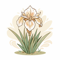 A beautifully illustrated iris flower with green leaves, representing nature's elegance and serenity, ideal for use in botanical art, greeting cards, or floral designs.