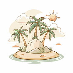 Obraz premium A serene tropical island scene featuring palm trees and a sun in the background, representing relaxation and vacation vibes, ideal for travel-themed designs and promotional materials.