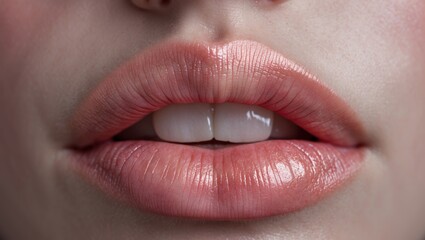 Fototapeta premium Close-up of glossy, plump lips with a hint of shimmer, showcasing a natural look and soft pink tones