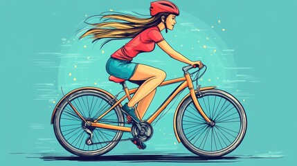 Fototapeta premium A woman with long hair rides a bright orange bicycle, enjoying the fresh air. She wears a red shirt and helmet, embodying freedom and joy in outdoor exercise