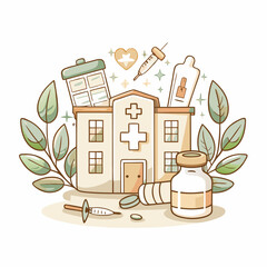 Illustration of a healthcare building surrounded by medical equipment, representing modern medicine and healthcare services, symbolizing wellness, treatment, and the importance of healthcare systems.