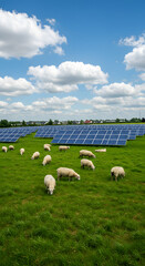 Sheep peacefully grazing in a green field with solar panels in the background, showcasing the concept of agrivoltaics.