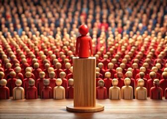 Red Wooden Figurine Addresses Large Crowd: Critical Announcement Stock Photo