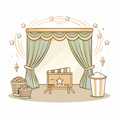 Whimsical children's theater stage with green curtains, popcorn, and stars, designed for entertainment, representing creativity in children's performances, used for birthday parties and events.