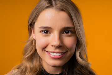 Naklejka premium Charming Businesswoman, Blonde Hair, Natural Beauty. Boss Lady On Yellow, Kind