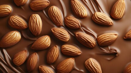 Aerial view of almonds surrounded by rich, flowing chocolate in a realistic setting