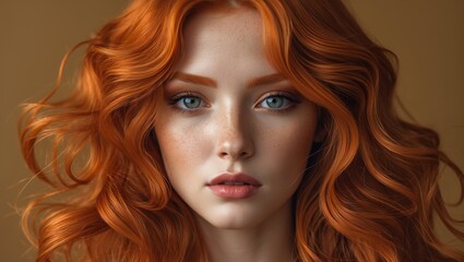 Fototapeta premium Portrait of a young woman with vibrant red hair and striking blue eyes, showcasing natural beauty and confidence against a soft, neutral background