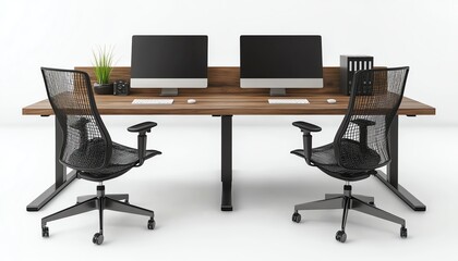 Wooden office table with chairs and computers, minimalistic style, isolated on white background, concept of workspace arrangement 3D Rendering