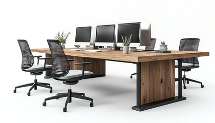 Wooden office table with chairs and computers, minimalistic style, isolated on white background, concept of workspace arrangement 3D Rendering