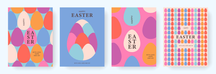 Happy Easter set of cards with colorful eggs and typography. Abstract geometric design for spring holiday. Minimal vector backgrounds for social media, print, poster, banner, ads, cover, invitation
