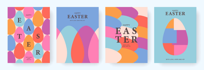 Happy Easter set of cards with colorful eggs and typography. Abstract geometric design for spring holiday. Modern vector backgrounds for social media, print, poster, banner, ads, cover, invitation