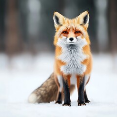 Fototapeta premium A Vibrant Red Fox Sitting in the Fresh White Snow