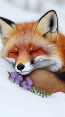 Fototapeta premium A sleeping fox rests amongst snow and fragrant purple blossoms