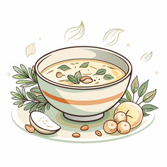 A beautifully illustrated bowl of soup with fresh ingredients, showcasing healthy eating and wellness themes, perfect for food-related content and culinary presentations.