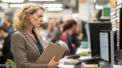 Thoughtful woman in a busy office environment, softly coughing while holding a folder, dressed in a fashionable blazer, with a raw and candid atmosphere.