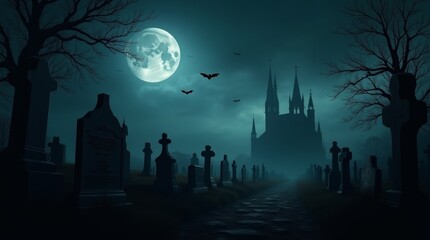 Spooky Graveyard with Full Moon Night