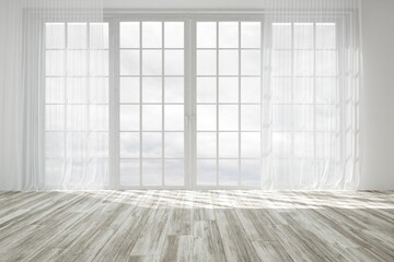 modern empty bright room with beautiful sky background in windows interior design. 3D illustration
