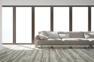 modern empty bright room with big brown windows and sofa with pillows and plaid on it interior design. 3D illustration