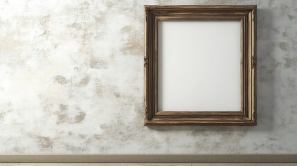 Blank photo frame on wall with white background and light wood texture for art display